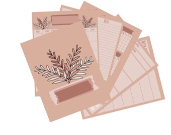 May include: A set of printable planner pages with a floral design in shades of brown and pink. The pages include a weekly planner, a daily planner, a notes page, and a goal setting page.