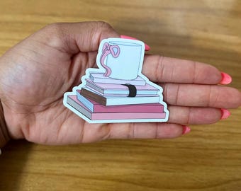 Bow Mug with Books Sticker, Cute Stickers, Black Girl Stickers, Afro Girl, Autumn Sticker, Book Worm Gift, Book Lover, Gift for Readers