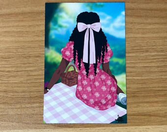 Coquette Girl 4x6 Print, Cute Black Girl Sticker, Black Girl Stickers, Afro Girl, Cottagecore, Book Worm Gift, Book Lover, Readers Gift