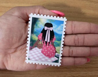 Coquette Stamp Sticker, Cute Black Girl Sticker, Black Girl Stickers, Afro Girl, Cottagecore, Book Worm Gift, Book Lover, Readers Gift