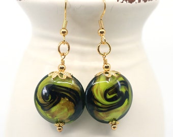 Green swirl earrings, black swirl earrings, gift for her, gold earrings, gift under 30