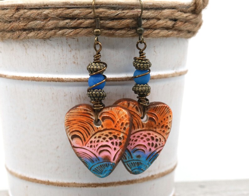 polymer clay romantic jewelry wire wrap jewelry Clay heart earrings Valentine gift