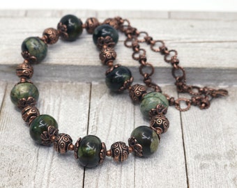 Dark green necklace, green boho necklace, jasper necklace, statement necklace, anniversary gift