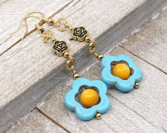 Blue magnesite earrings, flower earrings, floral earrings, gold earrings, gift under 30