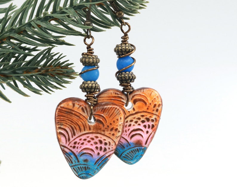 polymer clay romantic jewelry wire wrap jewelry Clay heart earrings Valentine gift