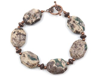 Bracelet rustique de perle, jasper d’océan, cadeau sous 40, bracelet en cuivre, bracelet de jaspe