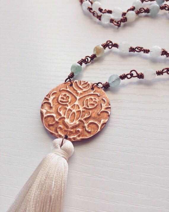Items similar to Embossed copper pendant with faceted amazonite beads