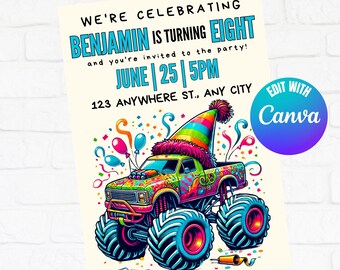 Monstertruck-Geburtstags-Einladung: Canva Bearbeitbar (Digitaler Download)