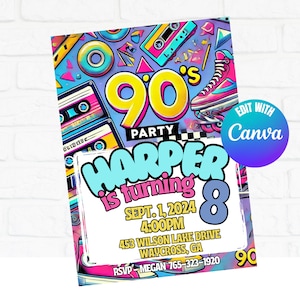 90&#39;s Party Invitation, Editable Invitation, 90&#39;s Party Picture Invites, Instant Download 90&#39;s Party, Edit in Canva