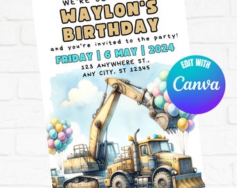 Invito di compleanno per escavatore: modello Canva modificabile (download digitale)