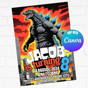 Godzilla-uitnodiging, Godzilla-verjaardagsuitnodiging, Godzilla Invite, Kid Invite, bewerkbare sjabloon, bewerkbaar canvas