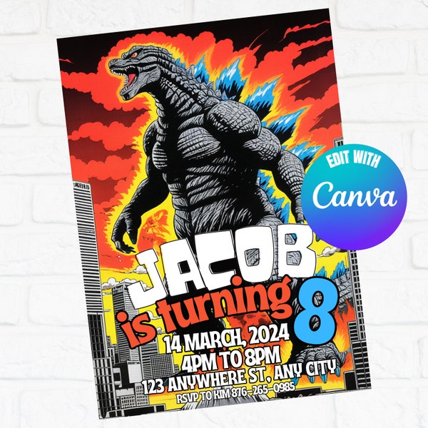 Godzilla Invitation, Godzilla Birthday Invitation, Godzilla Invite, Kid Invite, Editable Template, Editable Canva