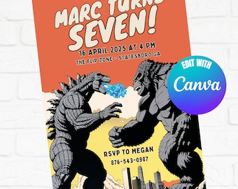 King Kong and Godzilla Invitation, King Kong and Godzilla Birthday Invitation, Kid Invite, Editable Canva