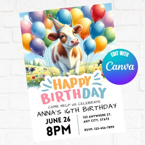 Cow Birthday Invitation, Editable Invitation, Cow Picture Invites, Instant Download Cow Invitations, Edit With Canva