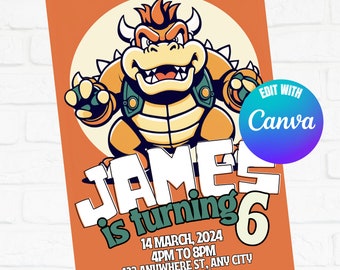 Bowser Birthday Invitation: Super Mario Bros, Editable Canva Template (Digital Download)