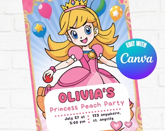 Princess Peach Birthday Invitation: Super Mario Girl, Editable Canva (Digital File)