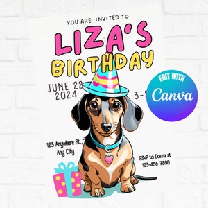 May include: Birthday party invitation featuring a cartoon dachshund wearing a party hat and holding a gift box. The invitation says "Liza's Birthday" with the date "June 22, 2024".