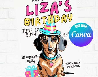 Dachshund Present Birthday Invitation, Editable Invitation, Dachshund Invites, Dachshund Invitations, Edit With Canva