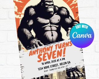 King Kong Birthday Invitation: Editable Kid Invite (Canva Digital File)