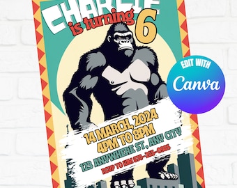 Peut inclure: Une invitation d'anniversaire colorée représentant un grand gorille debout sur un horizon urbain. L'invitation indique "Charlie a 6 ans" et comprend la date "14 mars 2024", l'heure "16h00 à 20h00", l'adresse "123 Anywhere St, Any City" et les informations RSVP. L'invitation porte un filigrane "Modifier avec Canva".