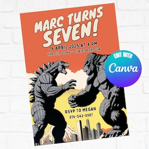 May include: A birthday party invitation featuring Godzilla and King Kong fighting in front of a city skyline. The invitation is for Marc's 7th birthday party on 16 April 2025 at 4 PM at The Flip Zone in Statesboro, GA. RSVP to Megan at 876-543-0987.