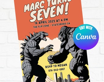 King Kong and Godzilla Invitation, King Kong and Godzilla Birthday Invitation, Kid Invite, Editable Canva