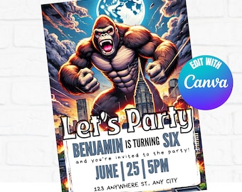 King Kong  Invitation, King Kong Birthday Invitation, Kid Invite, Editable Canva