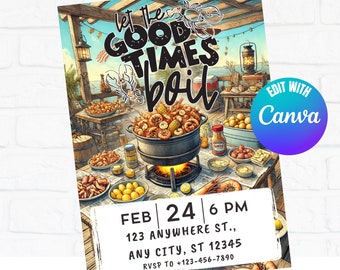 Könnte beinhalten: Eine farbenfrohe Einladung zu einer Seafood-Boil-Party mit dem Text "Let the Good Times Boil" und einer Zeichnung eines Topfes mit kochendem Meeresfrüchten. Die Einladung enthält Datum, Uhrzeit und Ort der Veranstaltung. Der Text "Edit with Canva" befindet sich in einem lila und blauen Kreis in der oberen rechten Ecke.