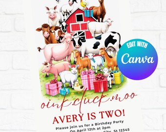 Farm Animals Birthday Invitation: Editable Canva Template (Digital Download)