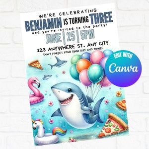 Shark Pool Party Birthday Invitation, Editable Invitation, Shark Pool Party Invites, Instant Download, Shark Invitation, Edit in Canva