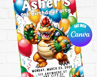 Bowser Birthday Invitation: Super Mario Bros, Editable Canva Template (Digital)