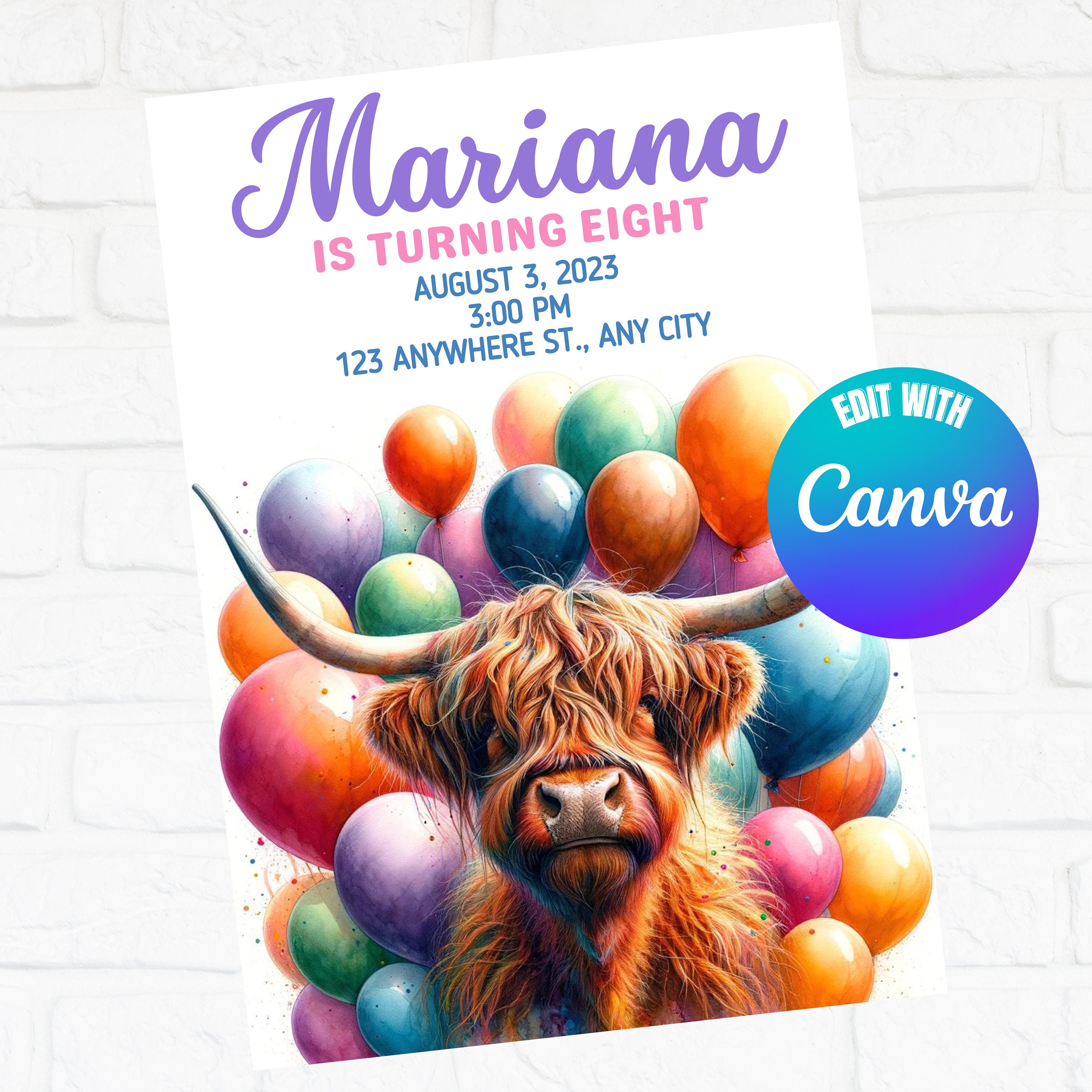 Highland Cow Birthday Invitation, Editable Invitation, Highland Cow Picture Invites, Instant Download Highland Invitations, Edit With Canva
