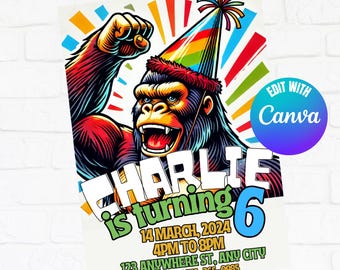 May include: A colorful birthday invitation featuring a cartoon gorilla wearing a rainbow party hat. The text reads "Charlie is turning 6" with details for the party date, time, and location.