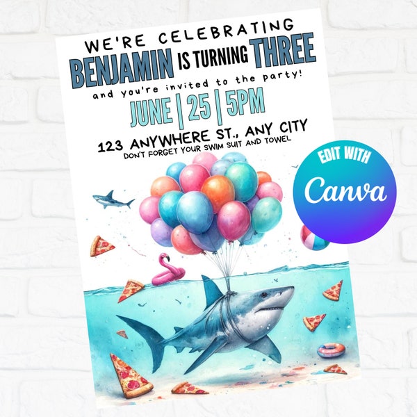 Shark Pool Party Birthday Invitation, Editable Invitation, Shark Pool Party Invites, Instant Download, Shark Invitation, Edit in Canva