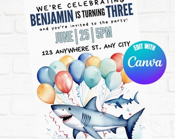 Shark Birthday Invitation, Editable Invitation, Shark Picture Invites, Instant Download, Shark Invitation, Edit in Canva