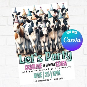 Cow Birthday Invitation, Editable Invitation, Cow Picture Invites, Instant Download Cow Invitations, Edit With Canva