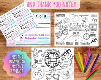 Peut inclure: Ensemble d'activités de fête et de cartes de remerciement imprimables sur le thème de Taylor Swift. Comprend des pages à colorier avec les mots "My Swiftie Era" et "Eras Version", ainsi que des cartes de remerciement avec le texte "Thank You". L'image contient également le texte "Instant Download Instant Savings".