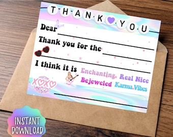 May include: A printable thank you note with a holographic background and pink and blue accents. The note features a pink butterfly, sunglasses, a disco ball, and a cartoon image of a woman playing a guitar. The text on the note reads "TAYLOR ERAS TOUR THANK YOU NOTE", "THANK YOU", "Dear", "Thank you for the", "I think it is", "Enchanting", "Bejeweled", "Real Nice", "Karma Vibes", and "XOX♡".