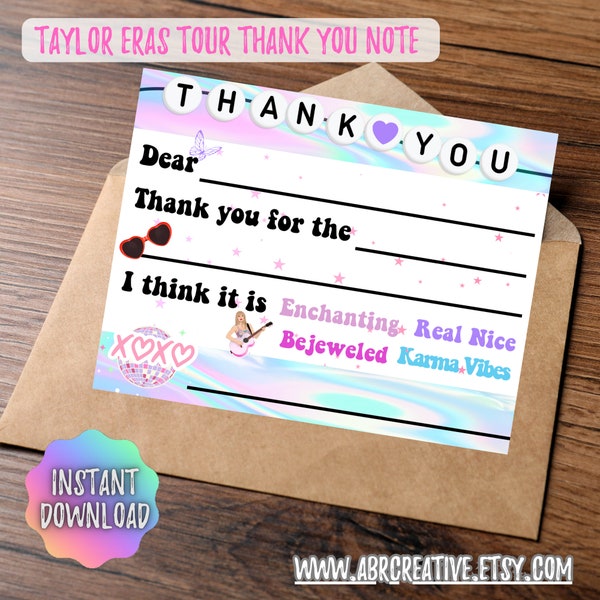 Taylor's Eras Birthday Fill-in Thank You Note Printable -Thank You Note T-Swift party, instant download, printable, eras tour