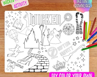 Dibujo para colorear de la película musical Wicked, actividad imprimible para fiestas infantiles, descarga instantánea, ideal para cumpleaños.