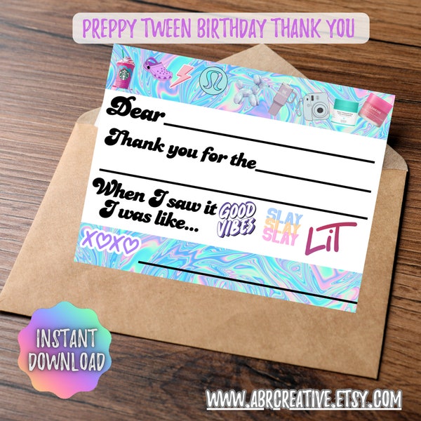 Preppy Birthday Fill-in Thank You Note Printable -Thank You Note Preppy tween party, instant download, printable, eras tour