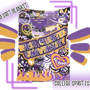 May include: A 50x60 inch soft blanket with a West Chester University design. The blanket features the words "West Chester University" in orange and white, with purple and yellow accents. The design includes the words "Go Rams" and "College Spirit Essential".