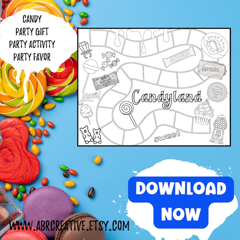 May include: A printable black and white Candyland board game with a candy theme. The board game features a path with various candy-themed spaces, including a sour patch kids space, a gummy bear space, a Nerds space, a cupcake space, and a gumball machine space. The board game is titled "Candyland".
