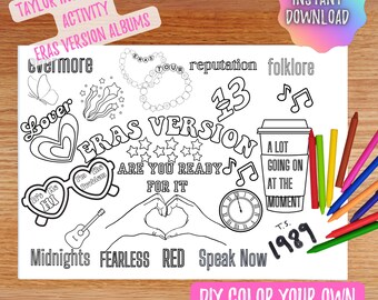 Peut inclure: Une page à colorier en noir et blanc représentant des pochettes d'albums et des paroles d'albums de Taylor Swift. La page comprend des titres d'albums comme "Lover", "Fearless", "Red", "Speak Now", "1989", "Reputation", "folklore" et "evermore". Le texte "Eras Version Are You Ready For It" est également inclus. La page est conçue pour être coloriée avec des crayons ou des marqueurs.