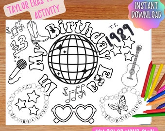 Taylor In My Birthday Era Coloring Printable - Activity for T. Swift, instant download, printable, placemat, party bag gift, eras tour