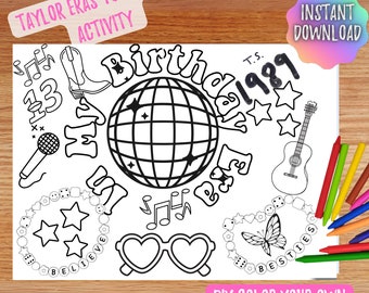 Taylor In My Birthday Era Concert Coloring Printable - Activity for T. Swift, instant download, printable, placemat, party bag gift