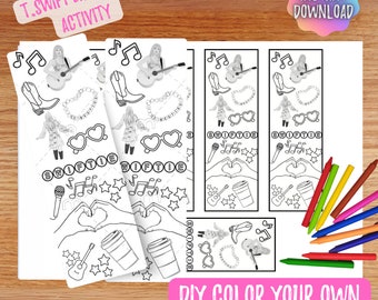 Taylor Concert Tour Lyrics Coloring Printable Bookmarks -Activity for party, instant download, printable, birthday coloring