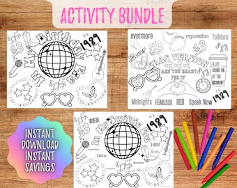 Peut inclure: Trois pages à colorier en noir et blanc représentant des pochettes d'albums de Taylor Swift. La première page présente une boule disco, des étoiles et le texte "Birthday 1989". La deuxième page présente un cœur, des lunettes de soleil et le texte "Eras Version". La troisième page présente une boule disco, des étoiles et le texte "My Swiftie Era 1989".
