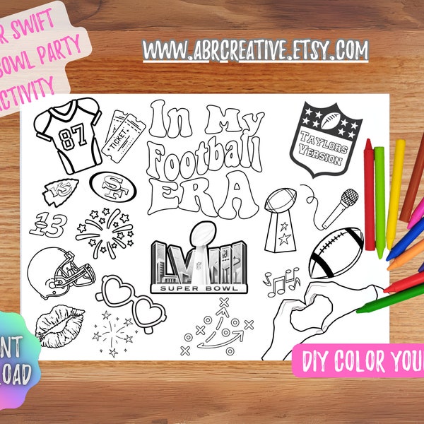 Taylor Swift Super Bowl Football Coloring Printable -Activity for party, instant download, printable, In My Football Era coloring