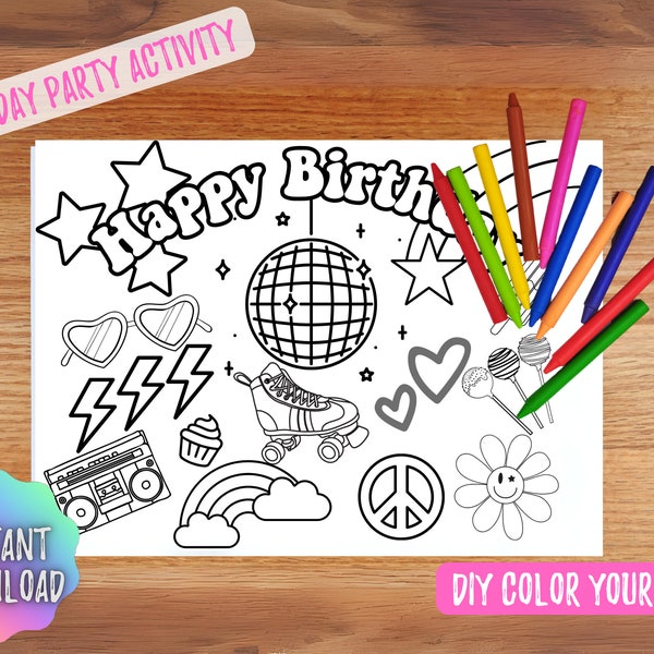 Disco Roller Birthday Coloring Printable - Fun and Groovy Party Activity for kids, instant download, printable, placemat, goody bag